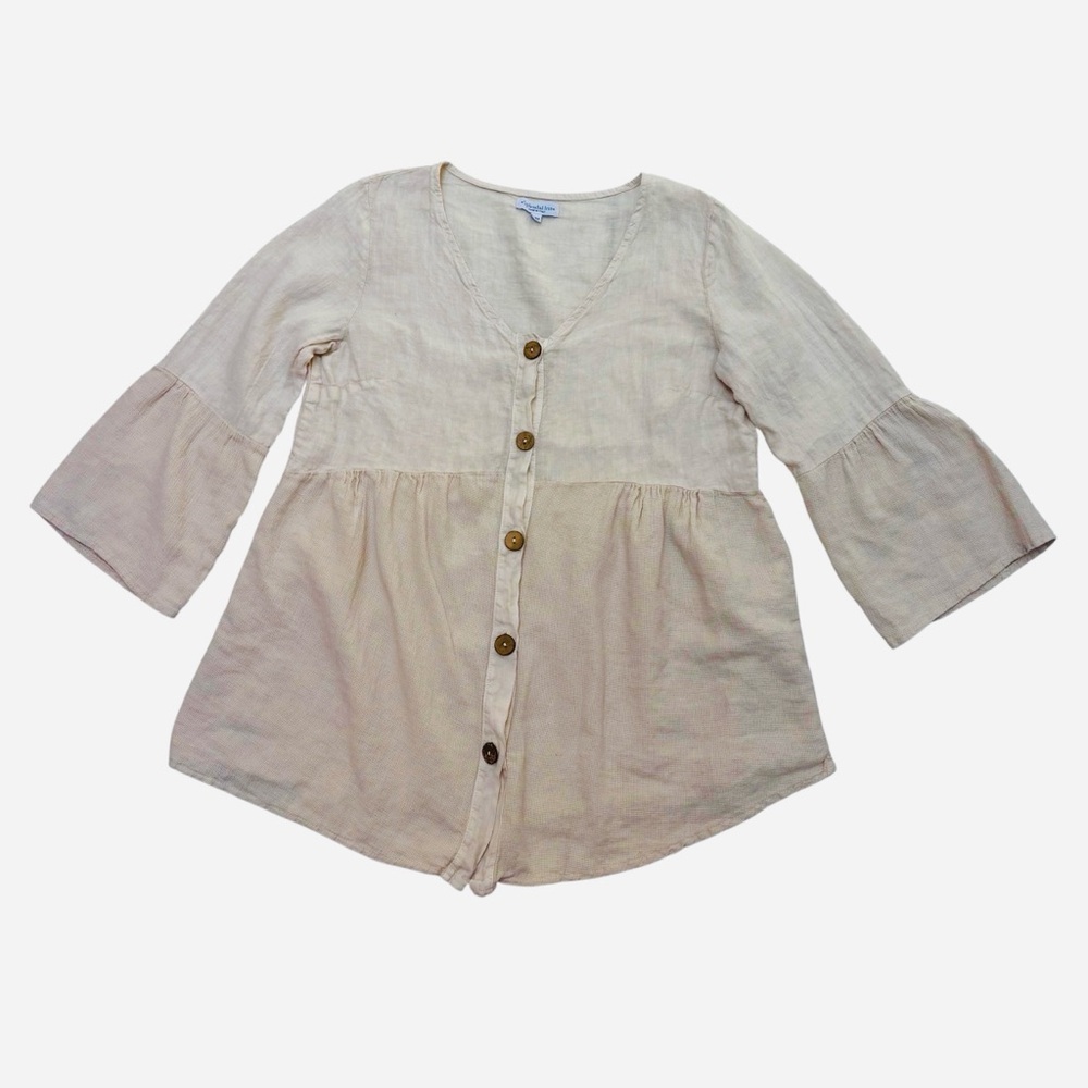 Splendid Iris Italian Linen Babydoll Tunic Top Lagenlook Boho Coastal Beige S/M